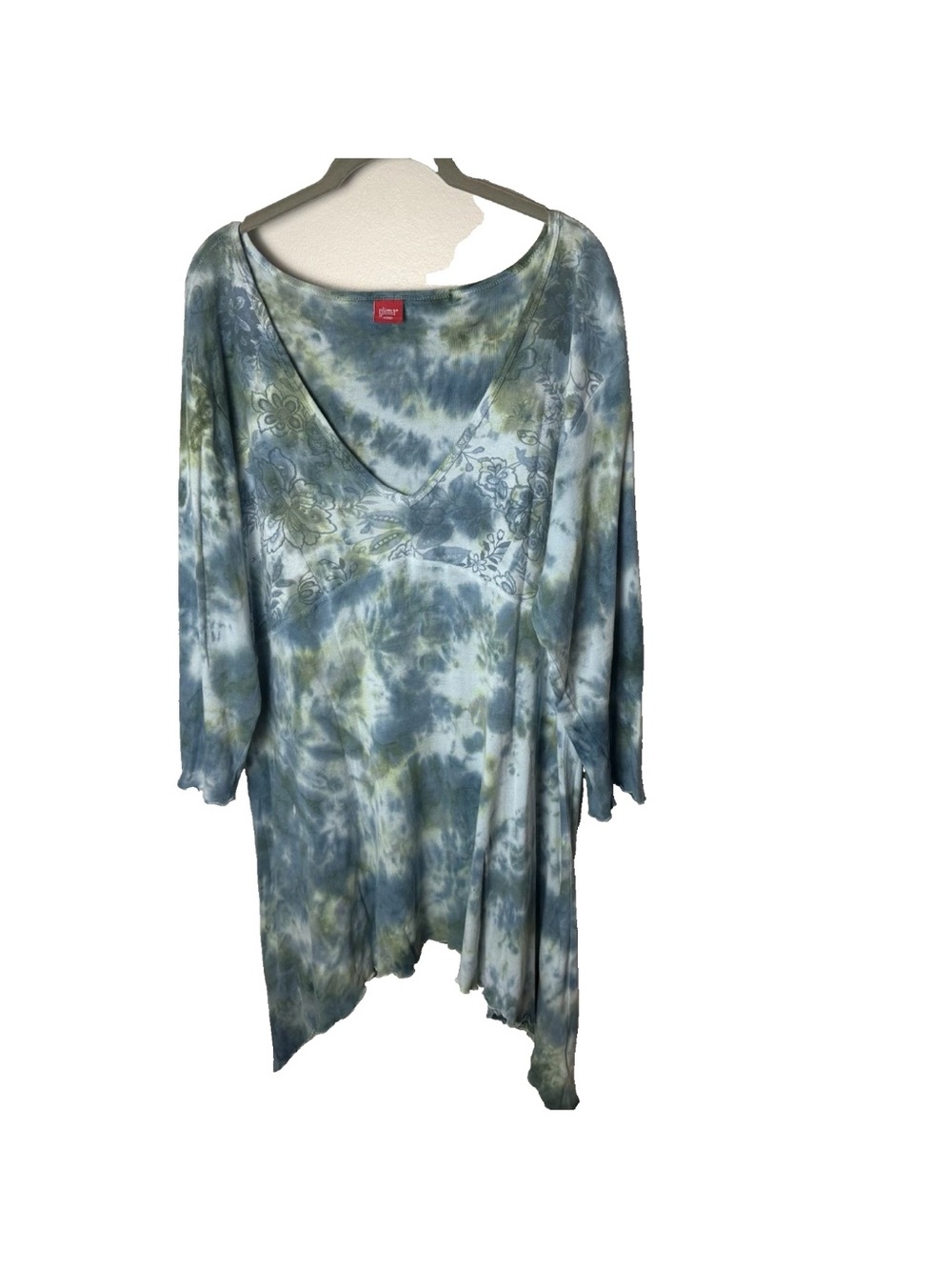 Gloms Tunic Top or Short Dress Plus Size 3X V-Neck 3/4 Sleeves Cotton Blue Green